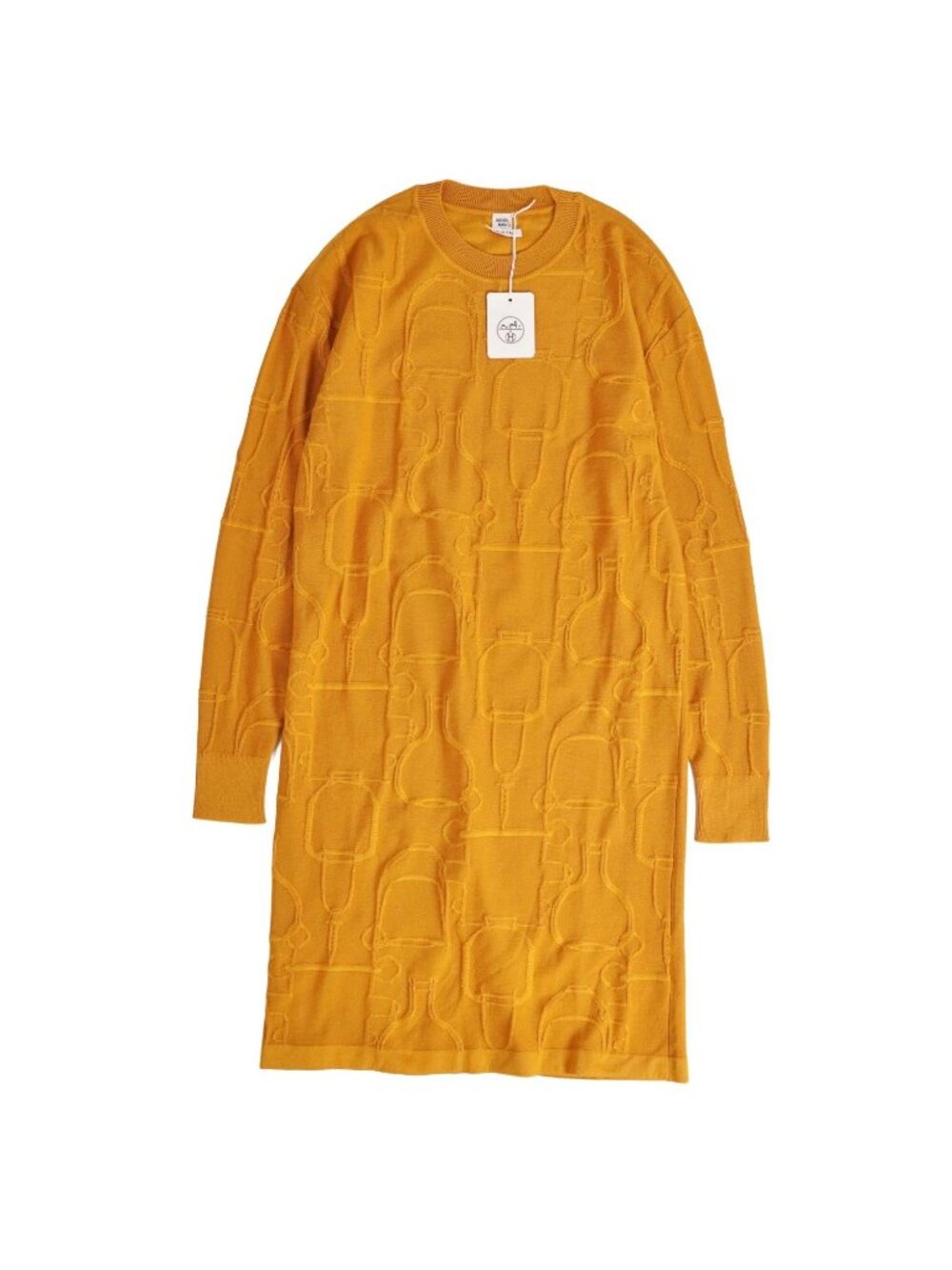 Hermes Dress Knit Long Sleeve All Over Print Top Silk Cashmere Yellow 36
